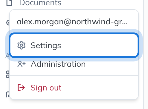 The account menu, with Settings highlighted above Sign out.