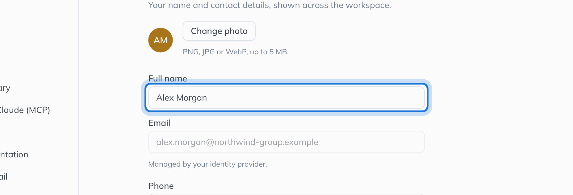 The Profile page in Settings: your photo, Full name and Email.