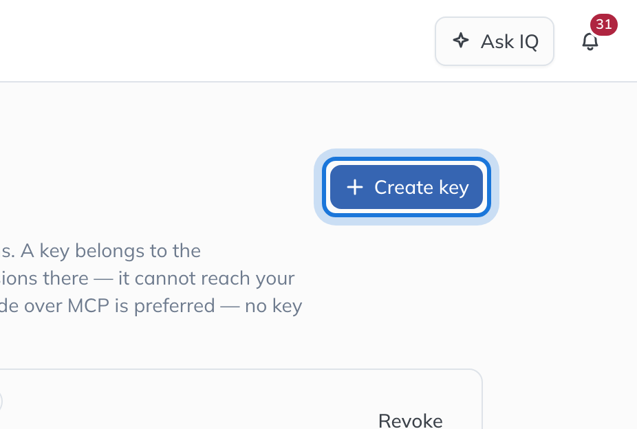 The API Keys page, with Create key highlighted.