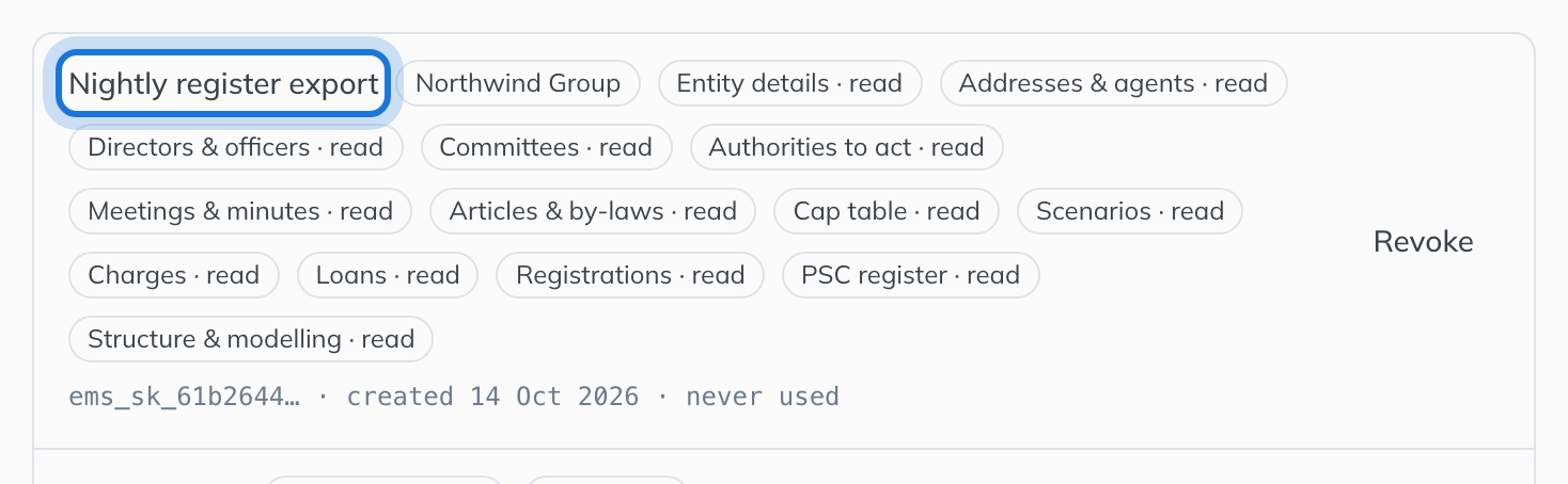 The new key in the API Keys list, with the permissions it carries and Revoke beside it.