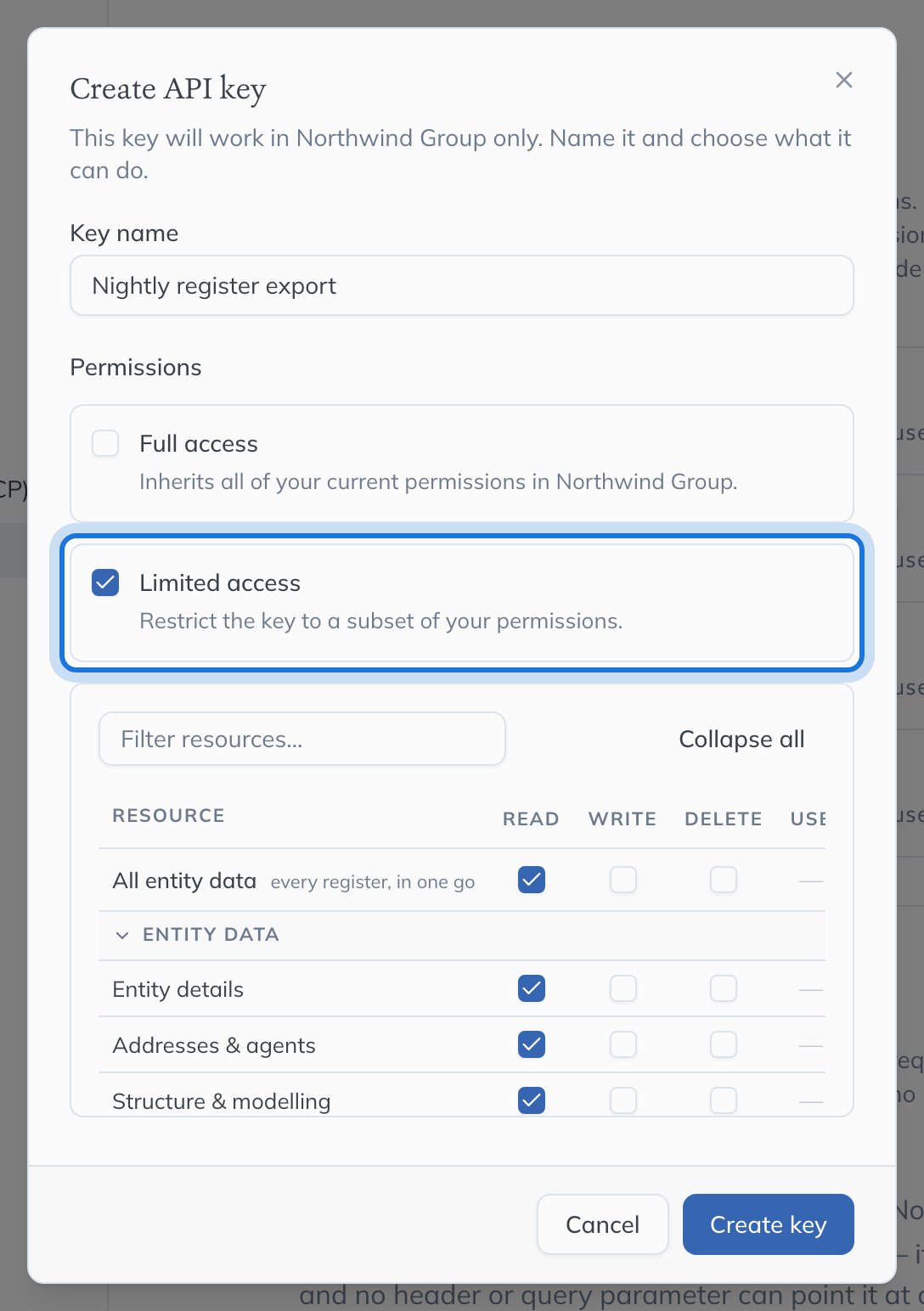 The Create API key dialog, with a name typed and Limited access chosen, showing the permissions to pick from.