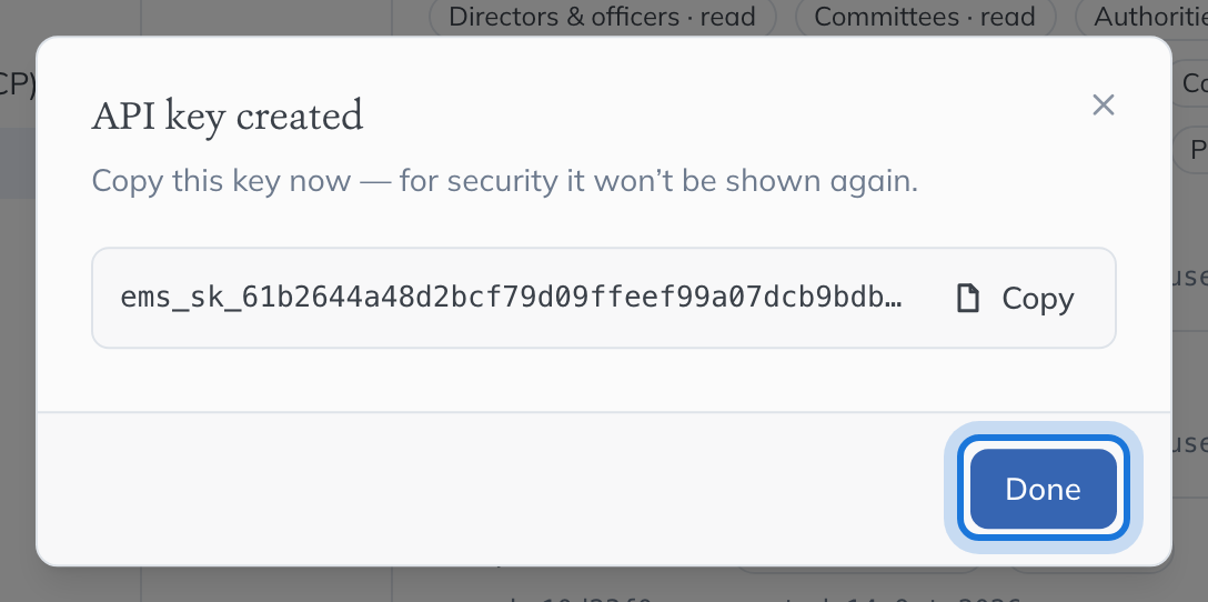 The API key created dialog, telling you to copy the key now because it will not be shown again.