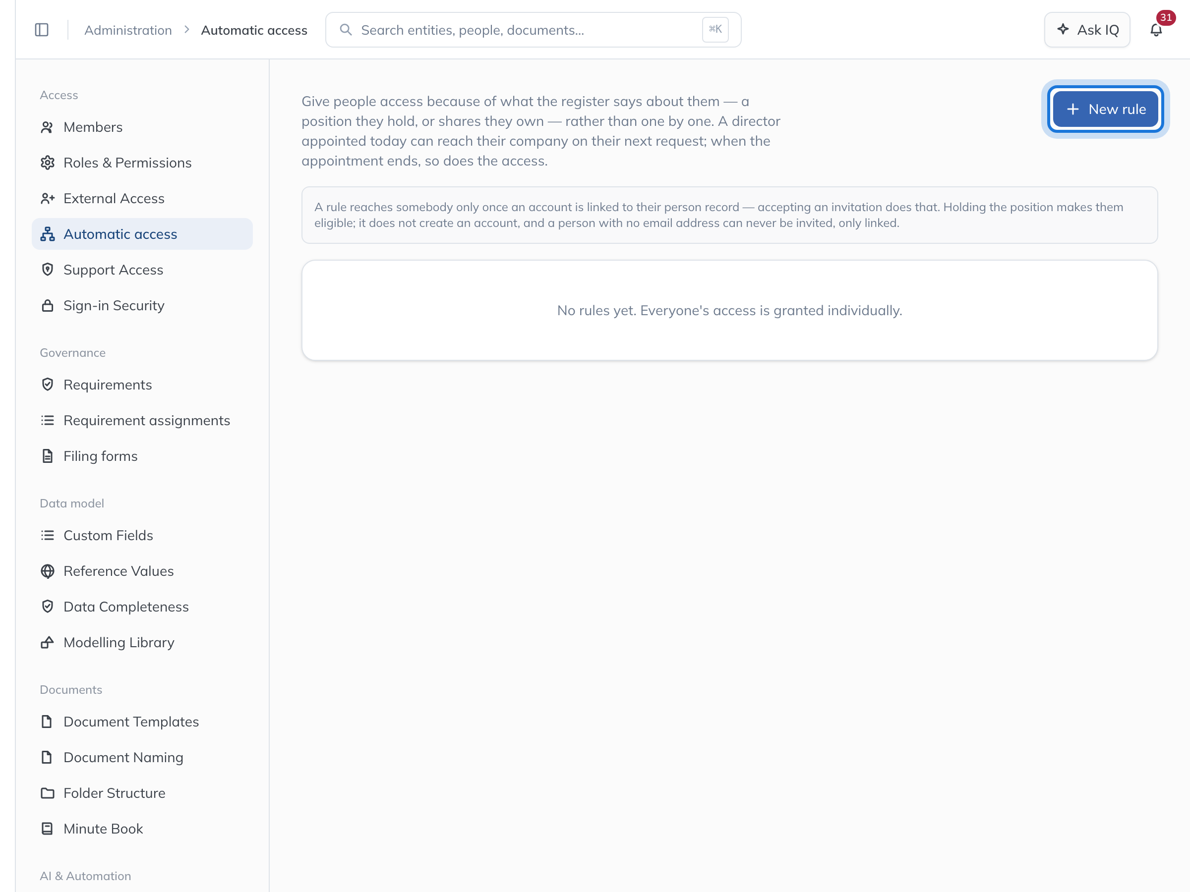 The Automatic access page, with New rule highlighted.