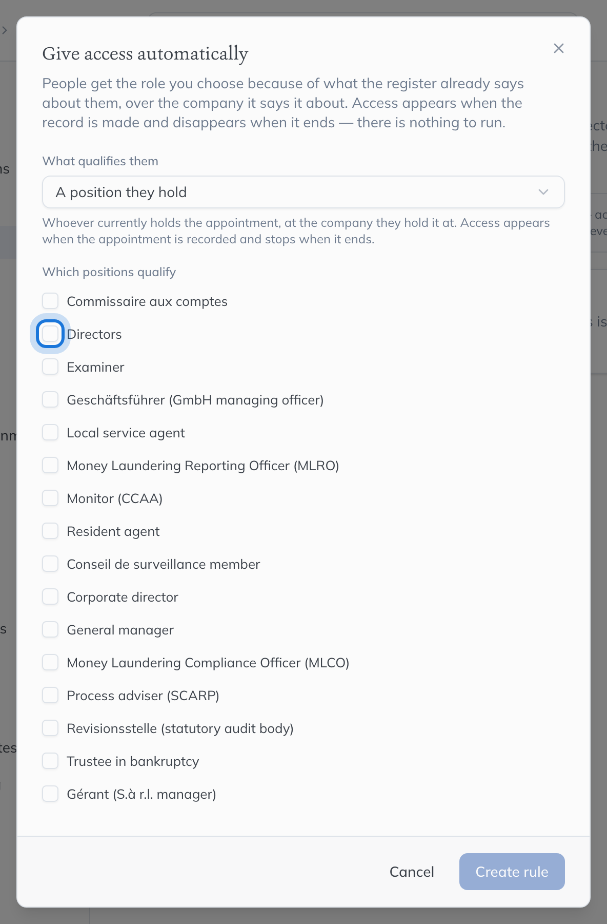 The Give access automatically dialog, qualifying people by a position they hold, with Directors highlighted in the list of positions.