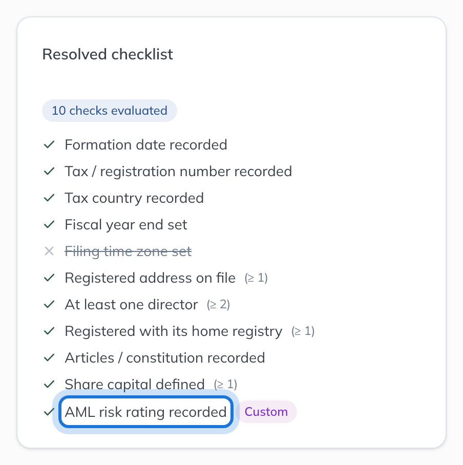 The Resolved checklist: the time zone check struck through, two directors required, and the new custom check added.