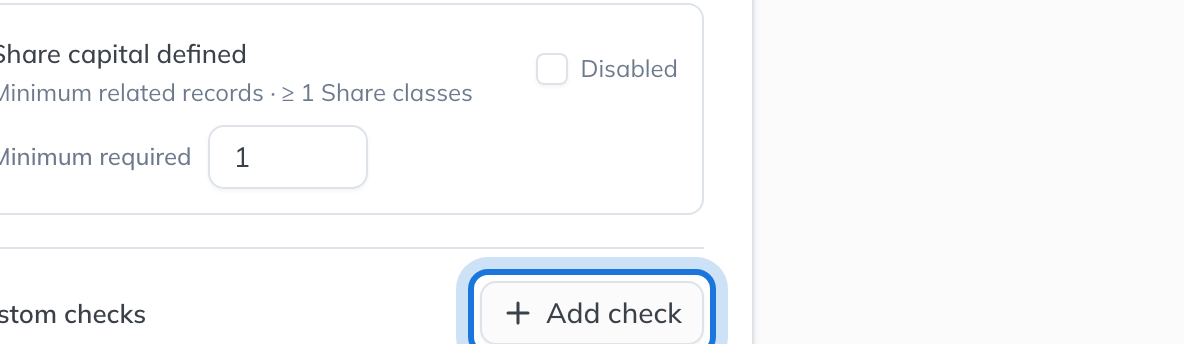 Custom checks at the foot of the list, with Add check highlighted.