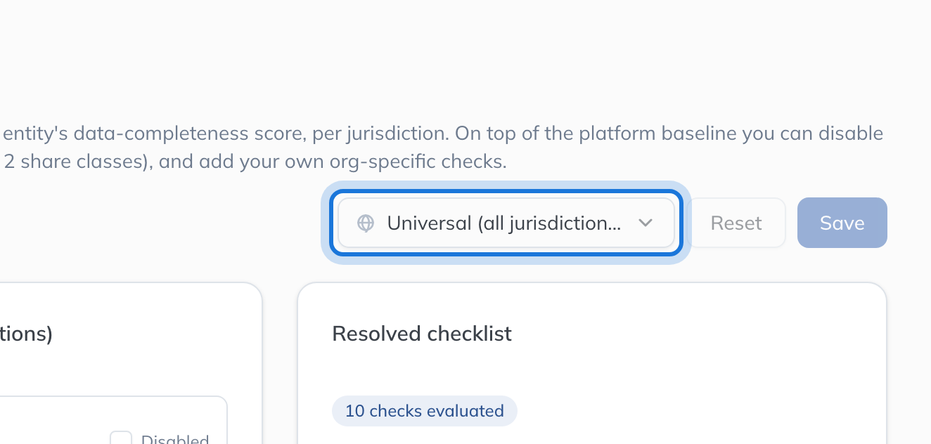 The Data Completeness page, with the jurisdiction picker reading Universal (all jurisdictions).