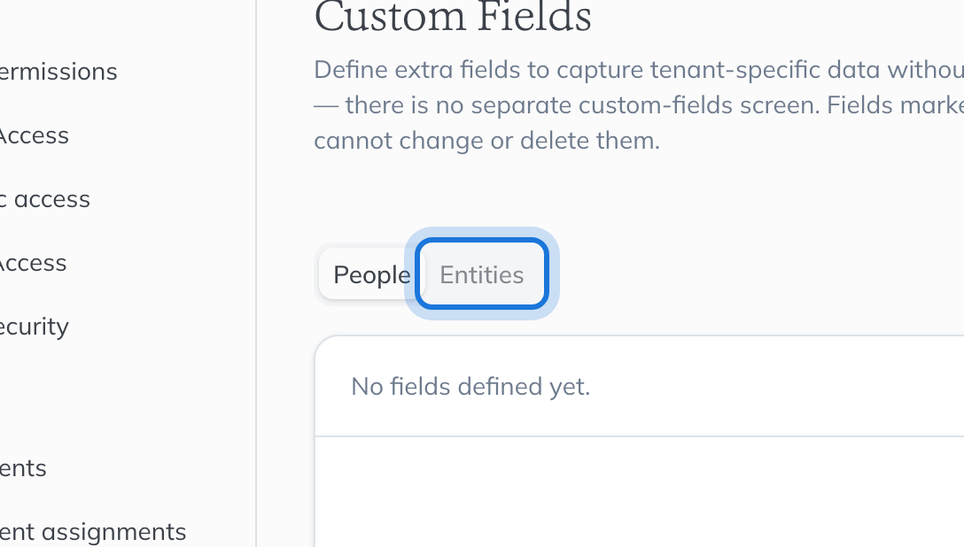 The Custom Fields page, with the Entities tab highlighted beside People.