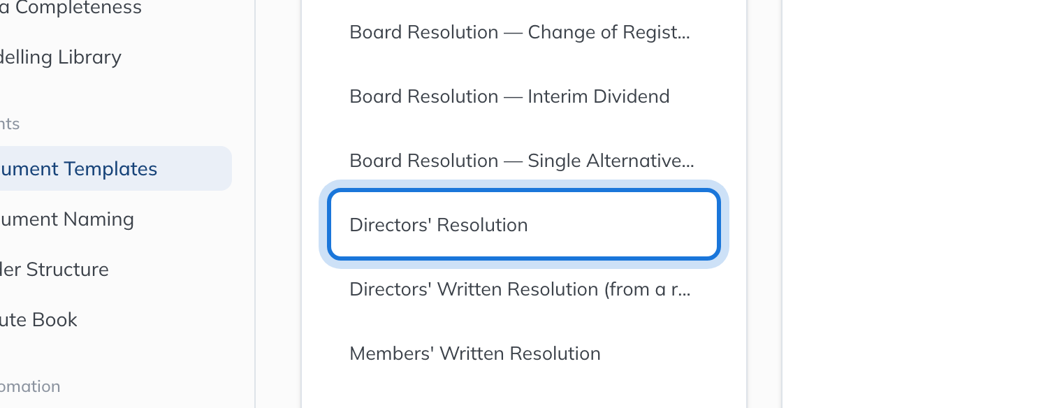 The Document Templates library for the United Kingdom, with Directors' Resolution highlighted in the list.