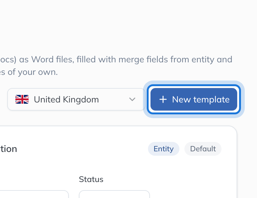 The Document Templates page, with New template highlighted beside the jurisdiction picker.