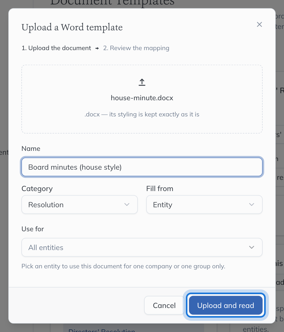 The Upload a Word template dialog, with a Word document chosen, a name typed and Upload and read highlighted.