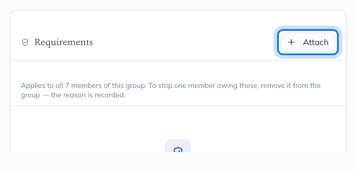 The Requirements tab of the group, with Attach highlighted.