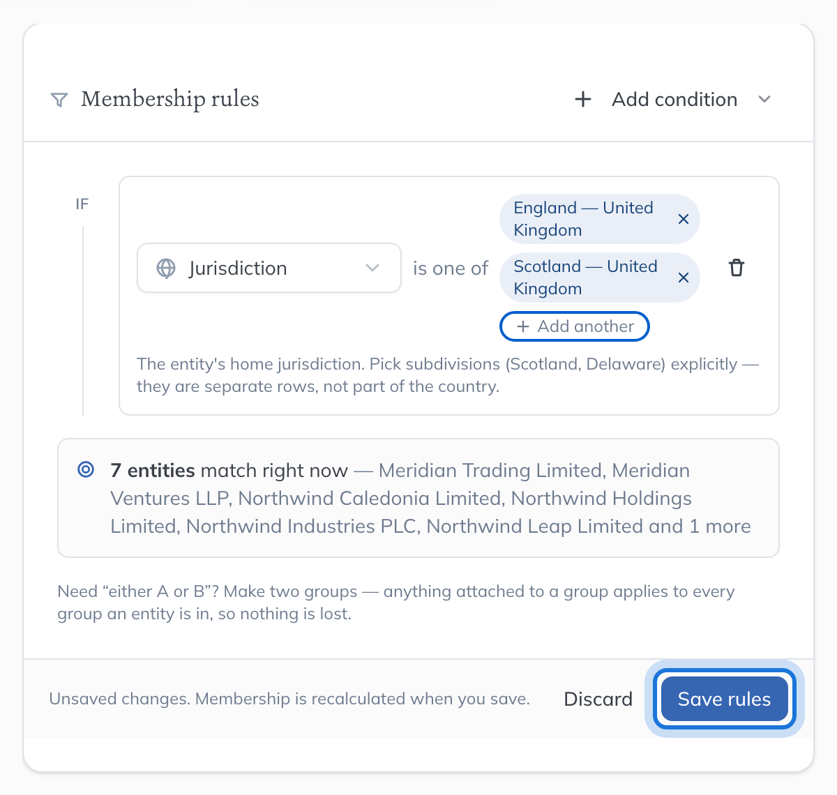 A Jurisdiction condition naming England and Scotland, with the matching companies counted and Save rules highlighted.