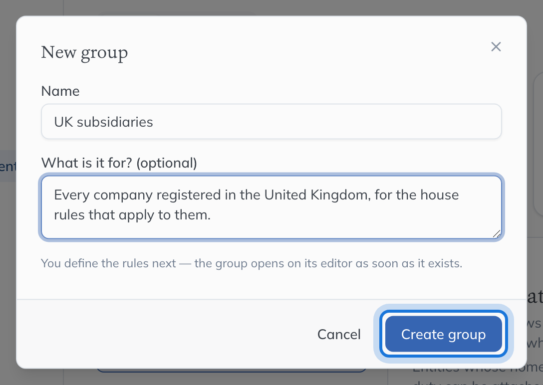 The New group dialog, with a name and a purpose filled in.