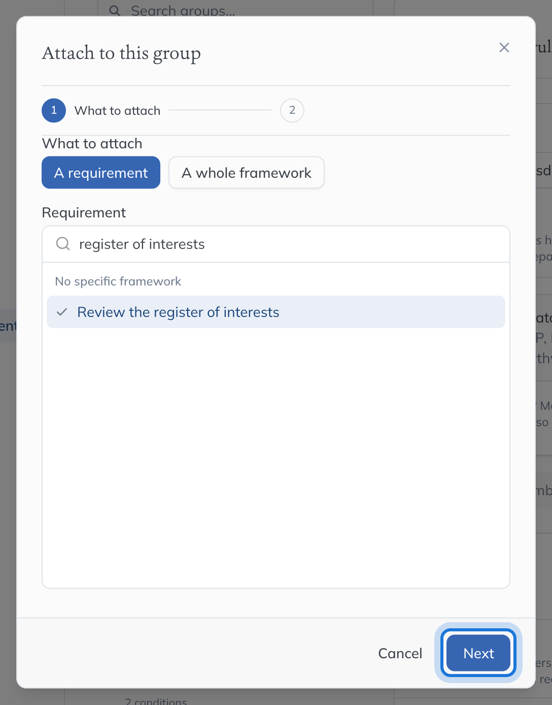 The Attach to this group dialog, with A requirement chosen and the organisation’s own duty selected.
