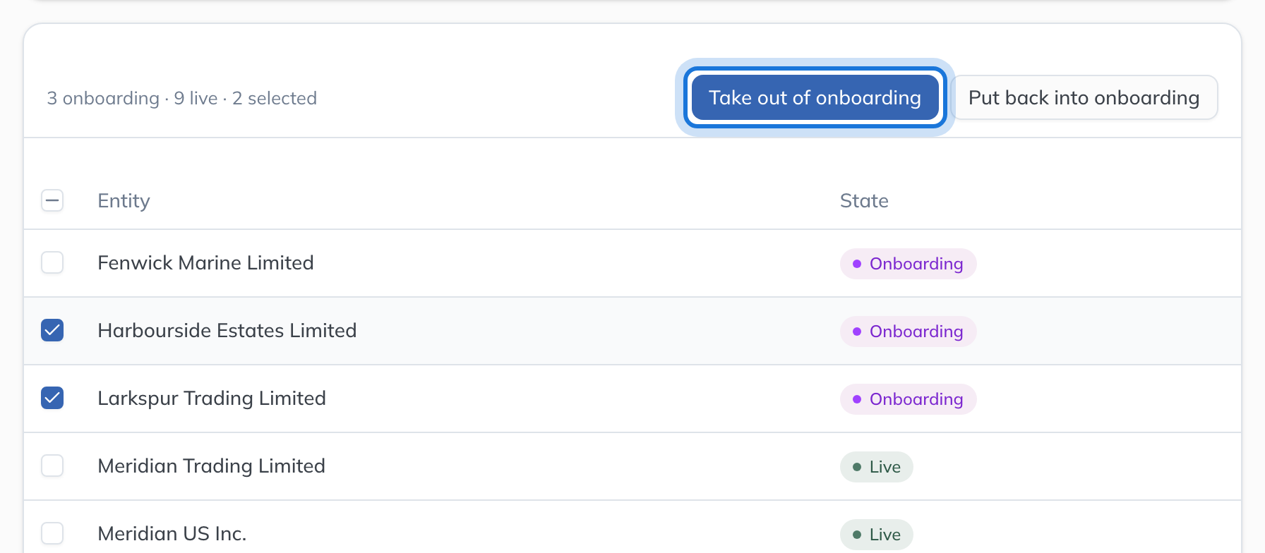 Two companies ticked on the Onboarding tab, with Take out of onboarding highlighted.