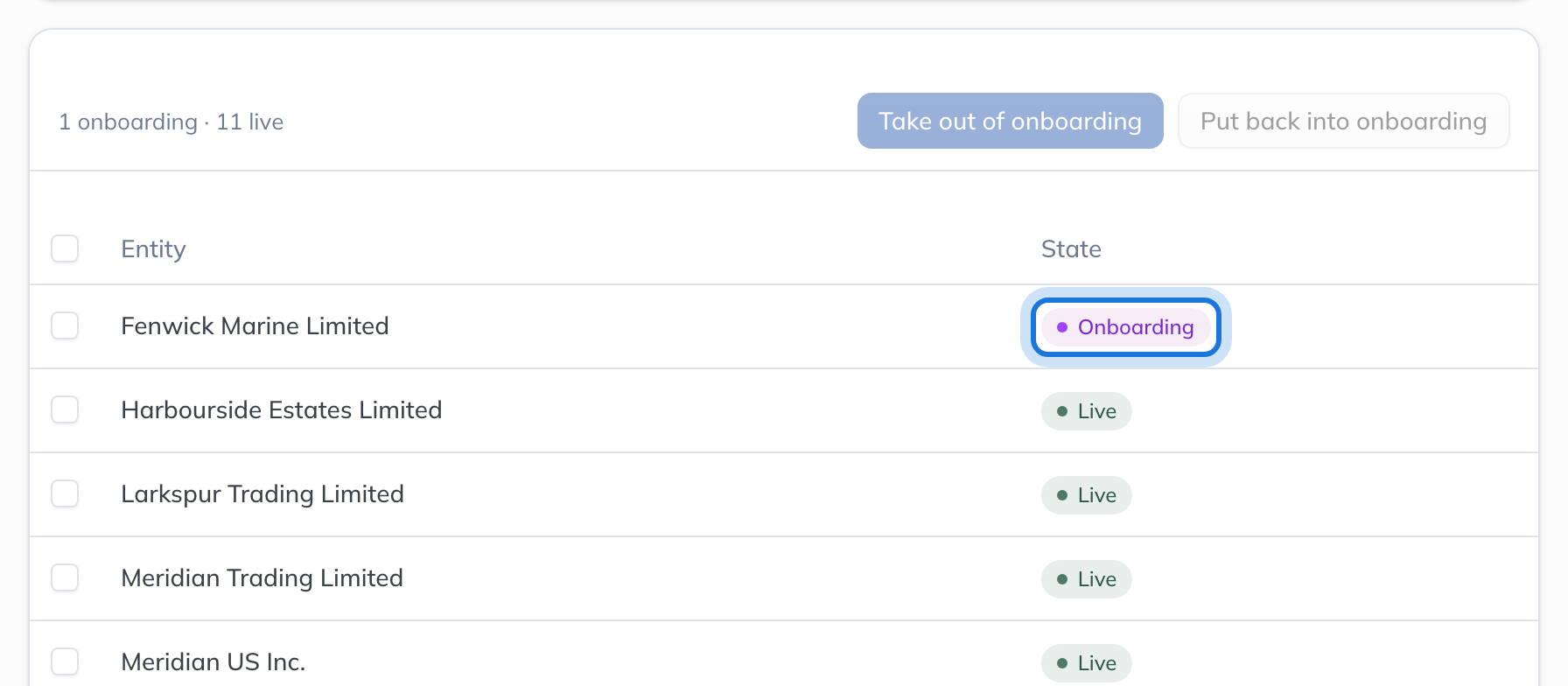 The two companies now marked Live, and the third still marked Onboarding.