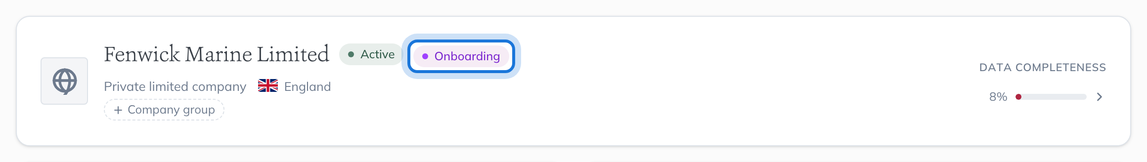 The header of a company still in onboarding, with its Onboarding badge highlighted.