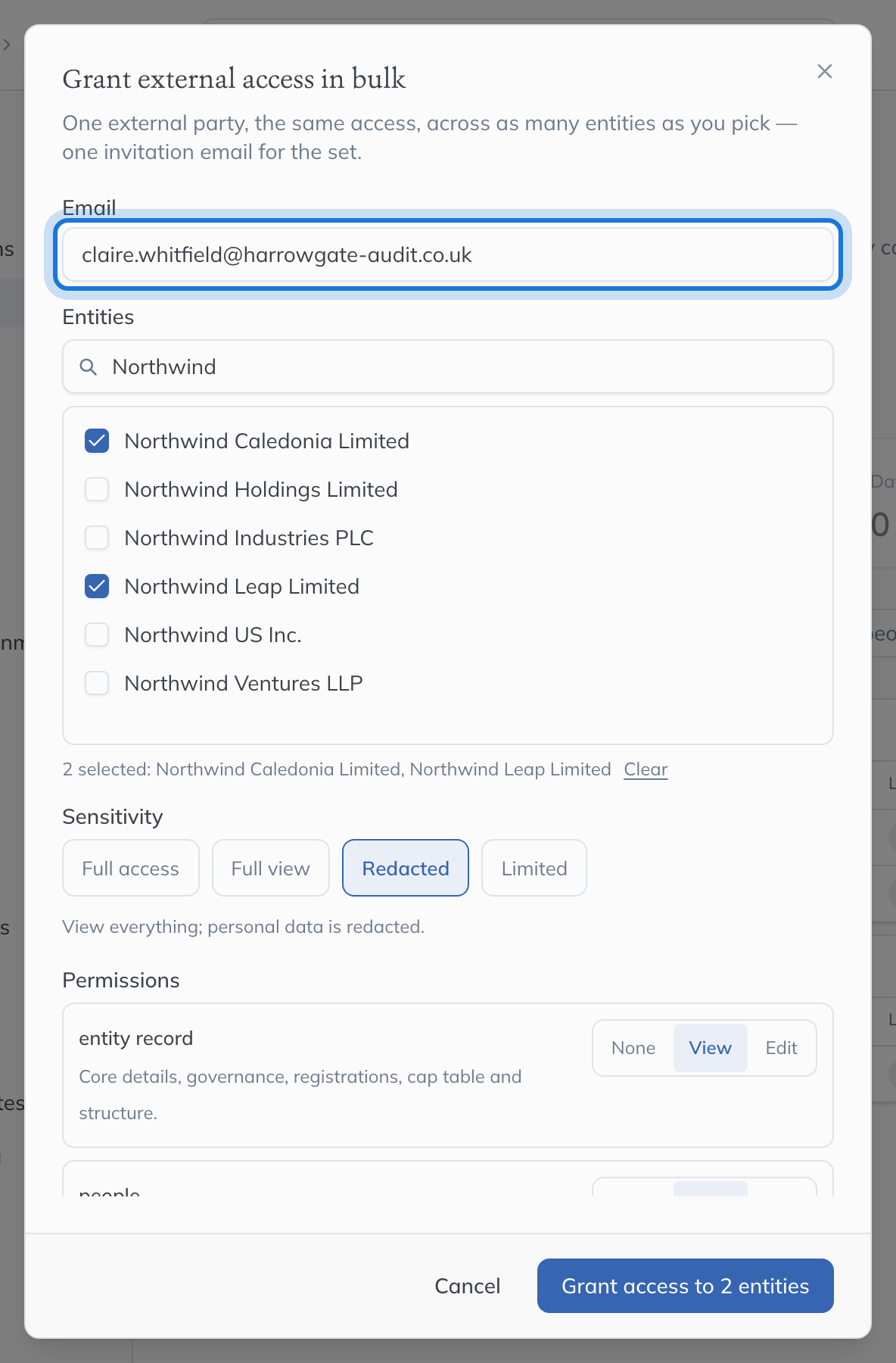 The Grant external access in bulk dialog, with the auditor’s email entered and two Northwind companies ticked.