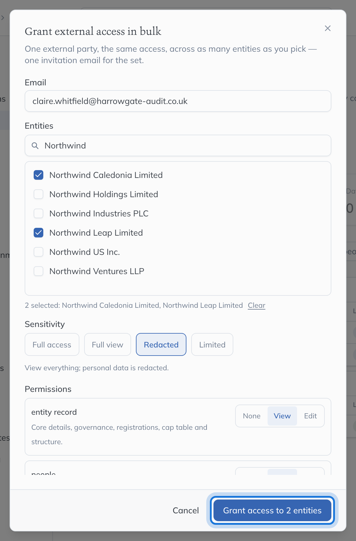 Further down the same dialog: Redacted chosen under Sensitivity, the permissions it gives, and Grant access to 2 entities highlighted.