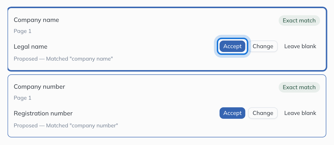 Review the mapping, opened on an uploaded form: each box the form draws, named in the form’s own words, with the field proposed for it and Accept highlighted.