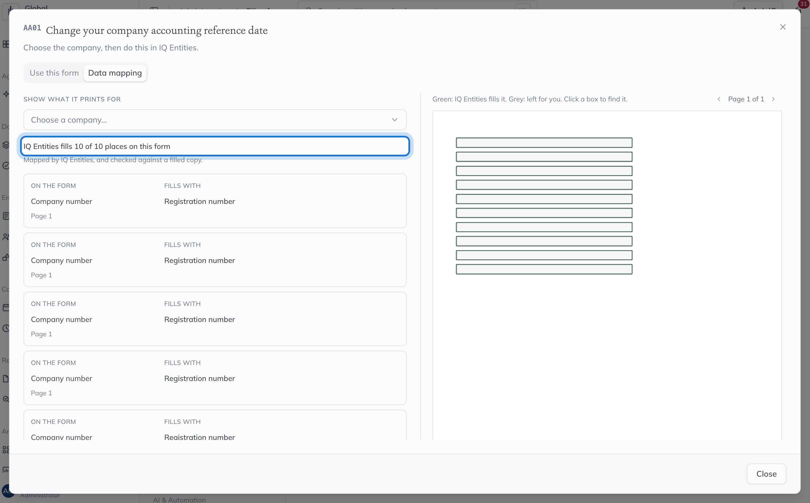 The Data mapping tab: how many places IQ Entities fills, each place named as the form names it with the field that fills it, and the form beside the list.
