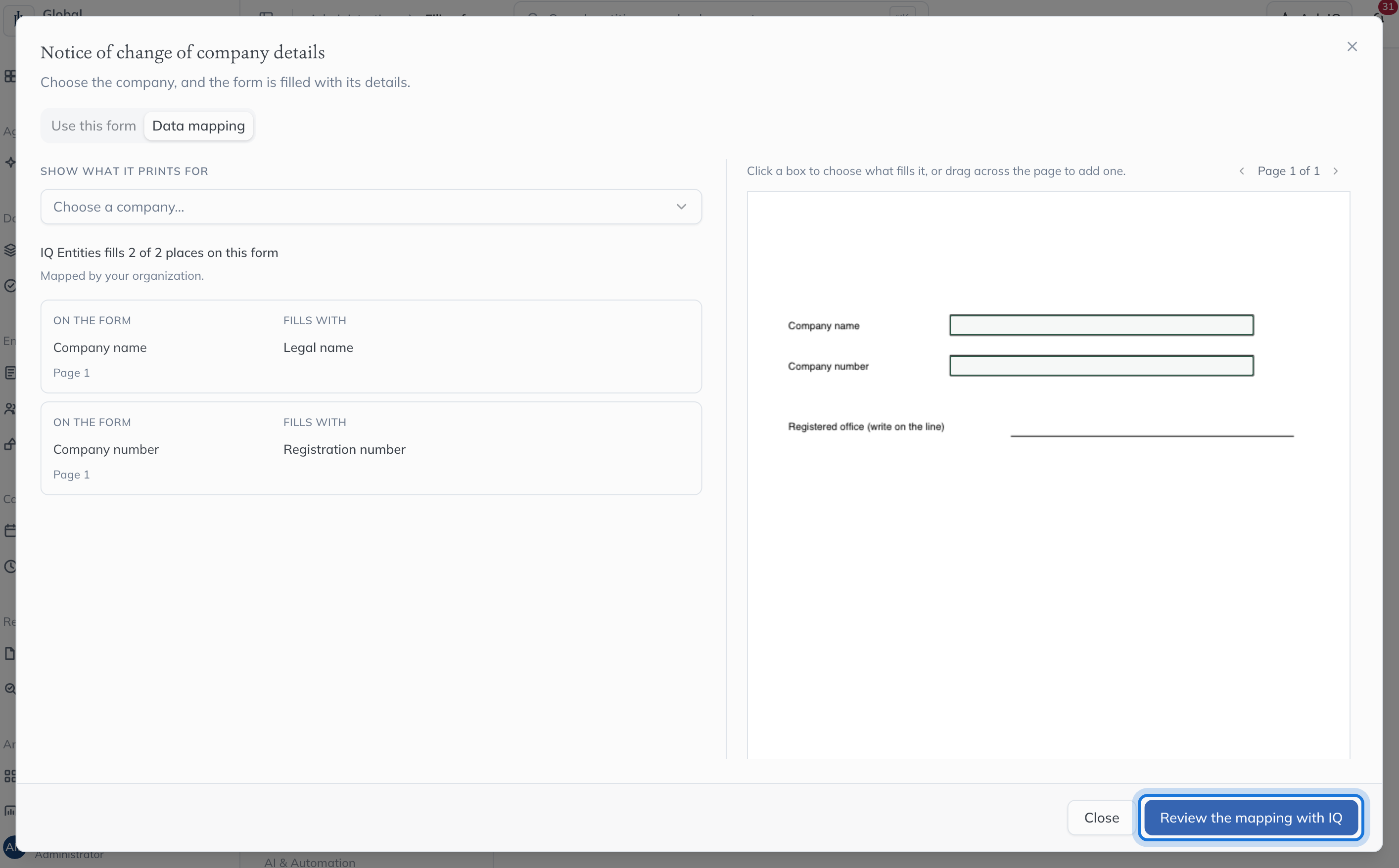 The uploaded form’s Data mapping tab, mapped by your organisation, with Review the mapping with IQ highlighted.