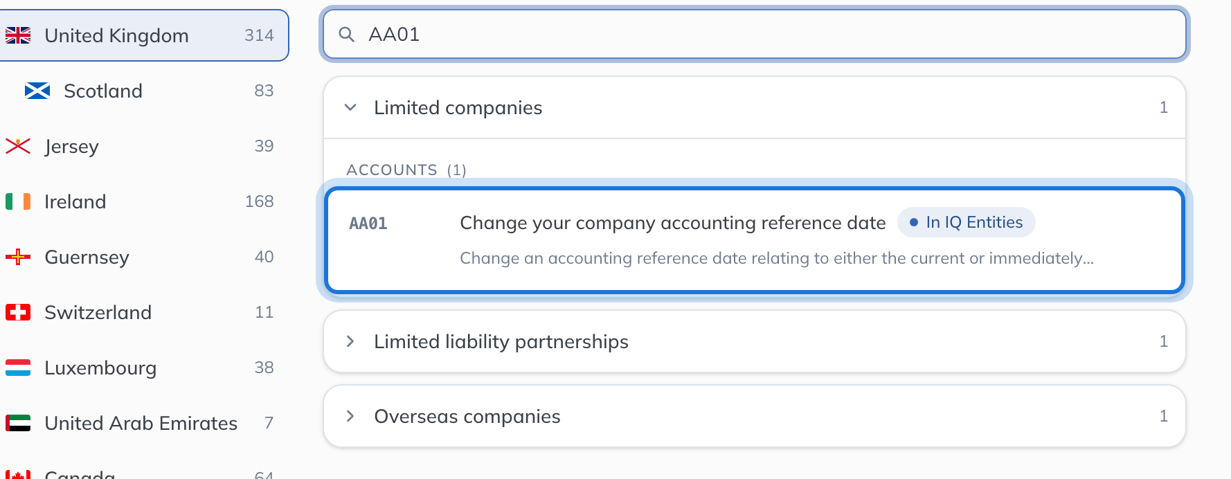 The United Kingdom’s filing forms searched for AA01, with the form highlighted.
