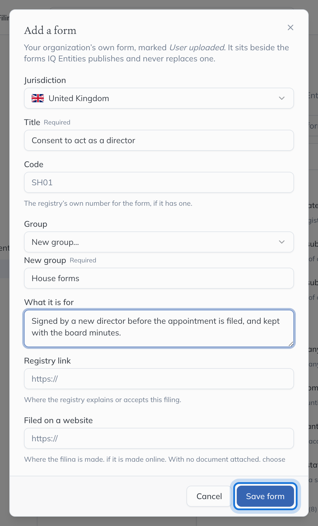 The rest of the Add a form dialog: a new group, what the form is for, and the PDF chosen, with Save form highlighted.