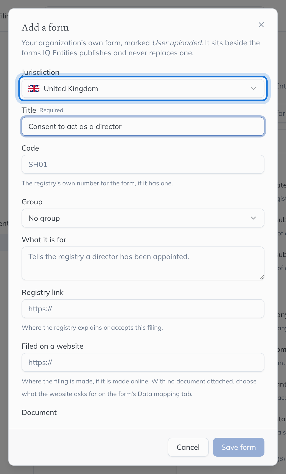 The top of the Add a form dialog: the jurisdiction, the title and the registry’s code for the form.