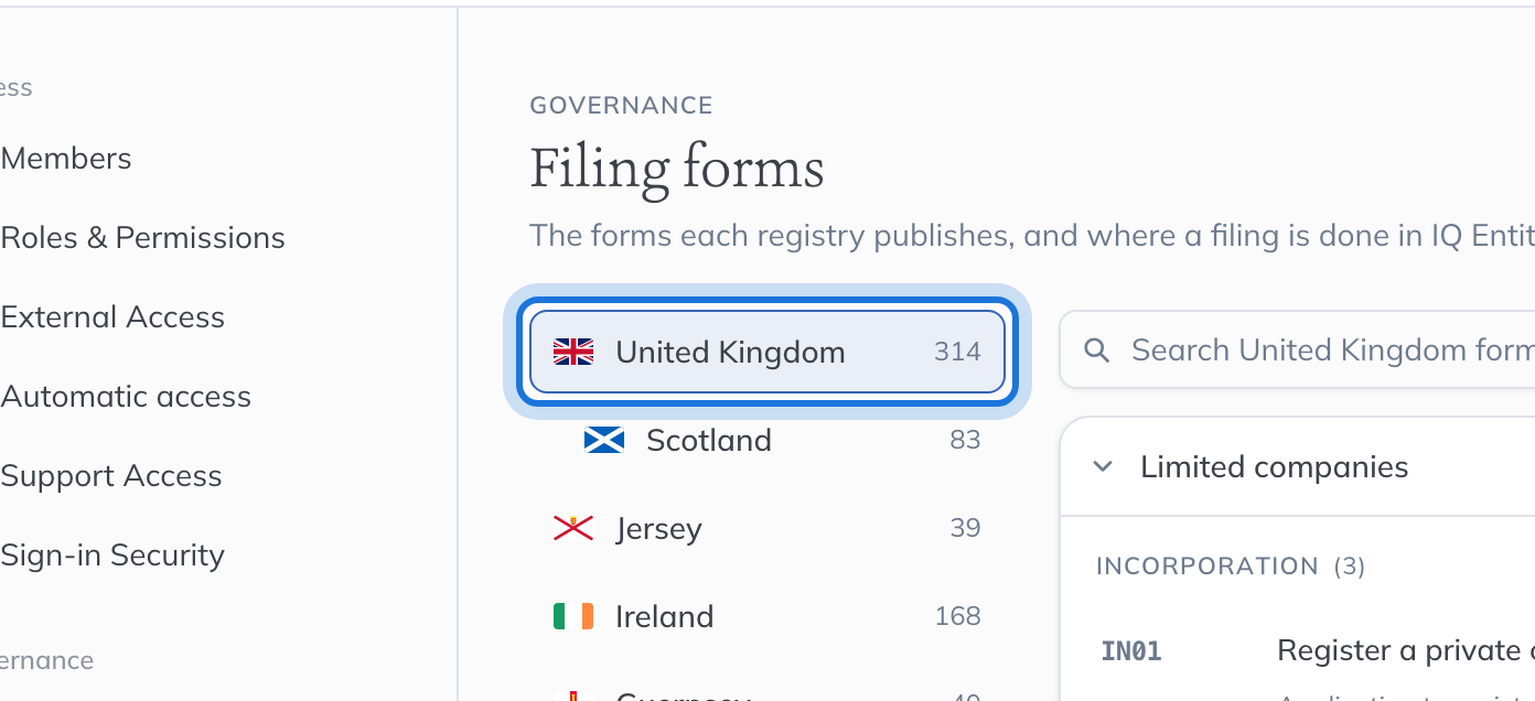 The Filing forms page, with the jurisdictions listed down the left and the United Kingdom’s forms beside them.