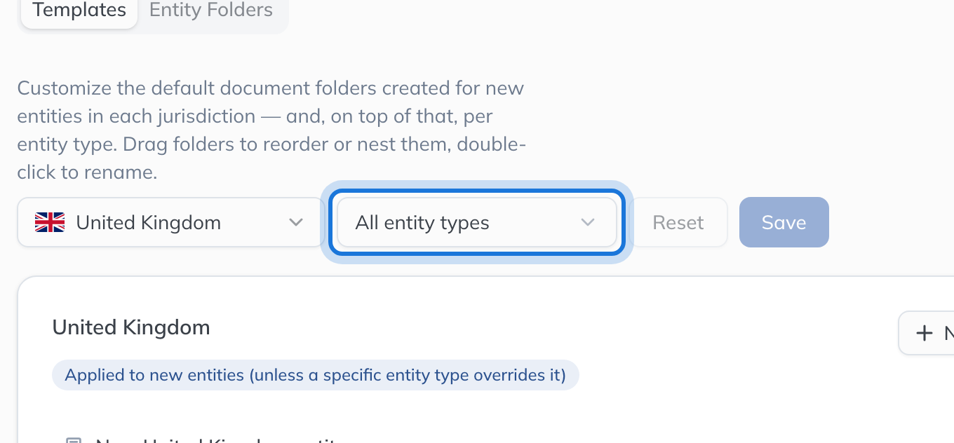 The Folder Structure template for new United Kingdom entities, with the jurisdiction and entity type pickers above the folder tree.