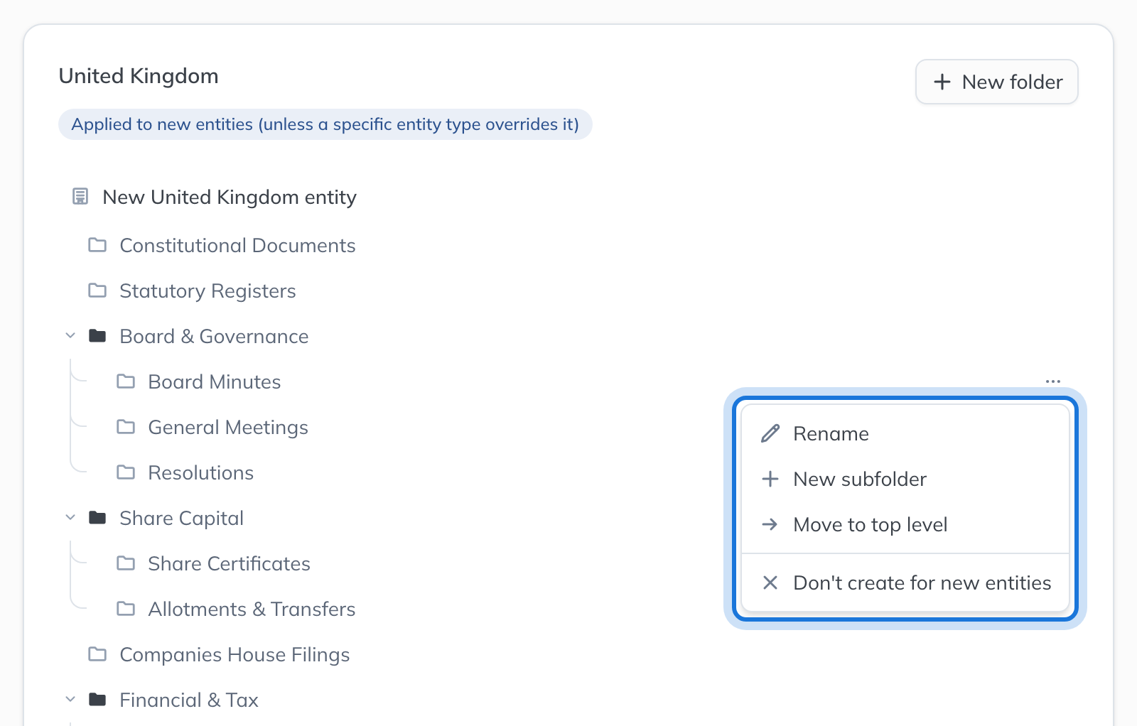 The actions menu for the Board Minutes folder: Rename, New subfolder, Move to top level and Don't create for new entities.