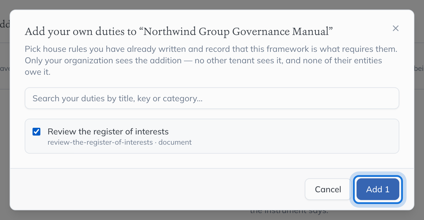 The dialog for adding the organisation’s own duties to the manual, with one duty ticked.
