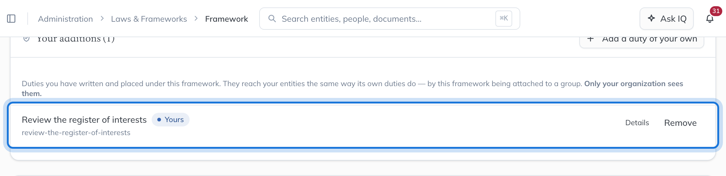 Your additions on the framework’s page, listing the duty now placed under it.
