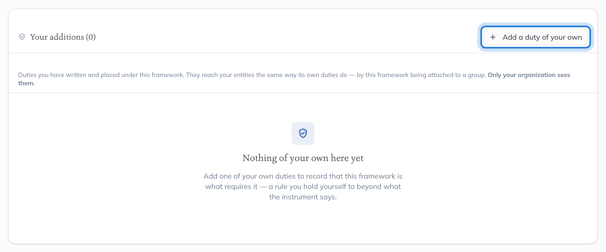 The framework’s own page, with Add a duty of your own highlighted.