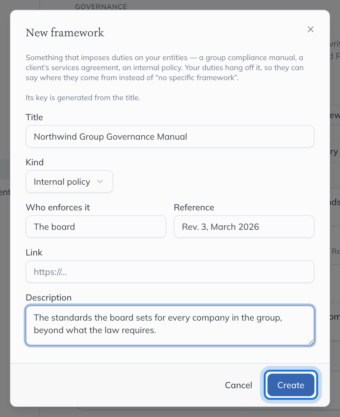 The New framework dialog, filled in for a group governance manual enforced by the board.