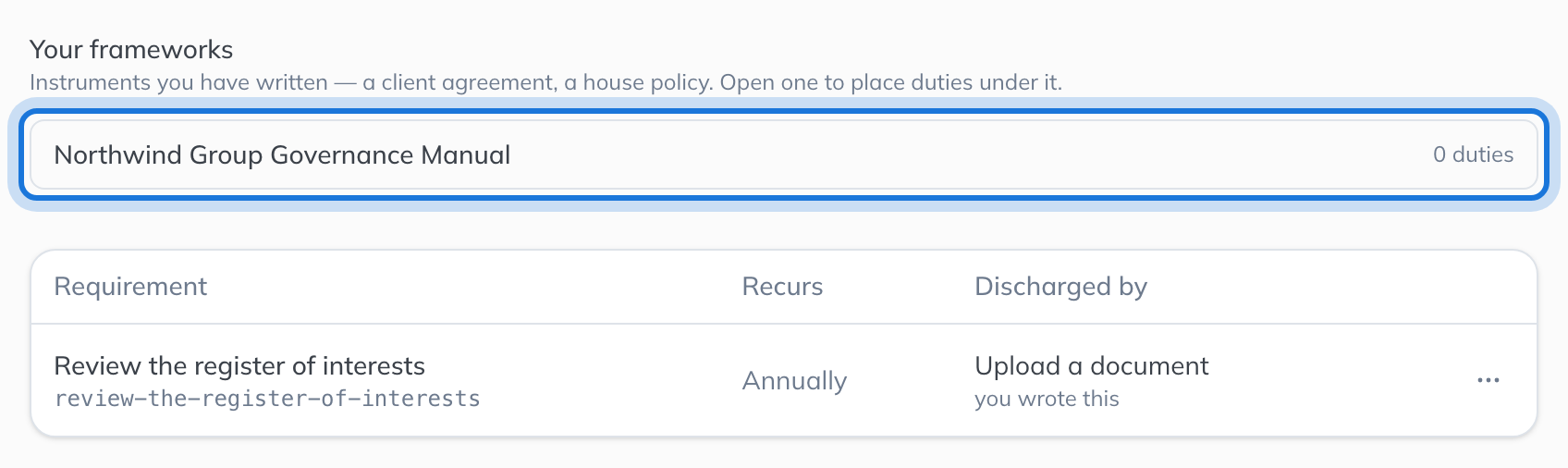 Your frameworks, under the duties on the Mine tab, listing the new manual with no duties yet.