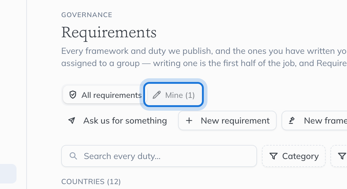 The Mine tab on the Requirements page.