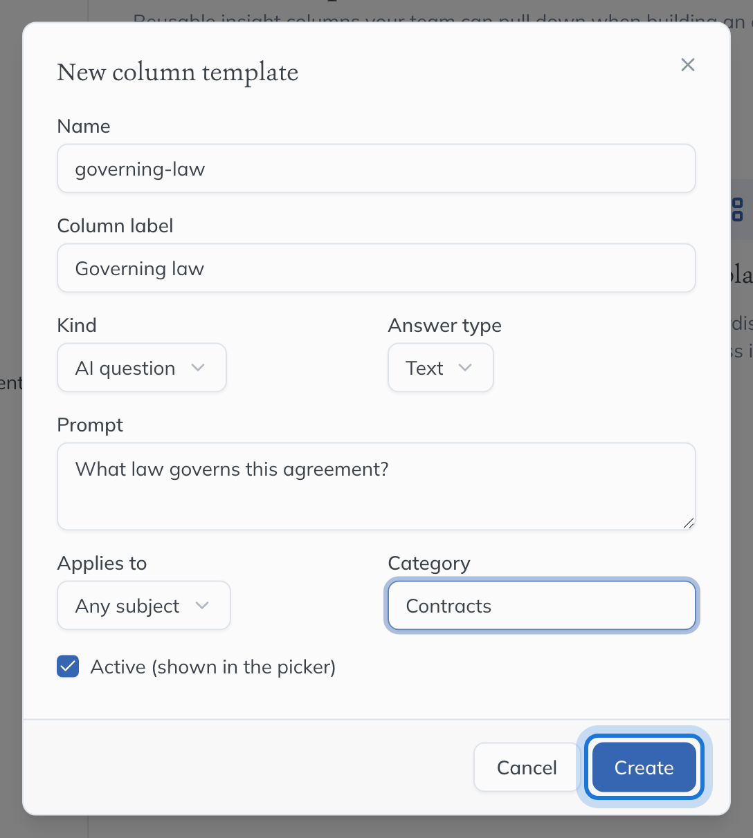 The New column template dialog, filled in for an AI question about governing law, with Create highlighted.