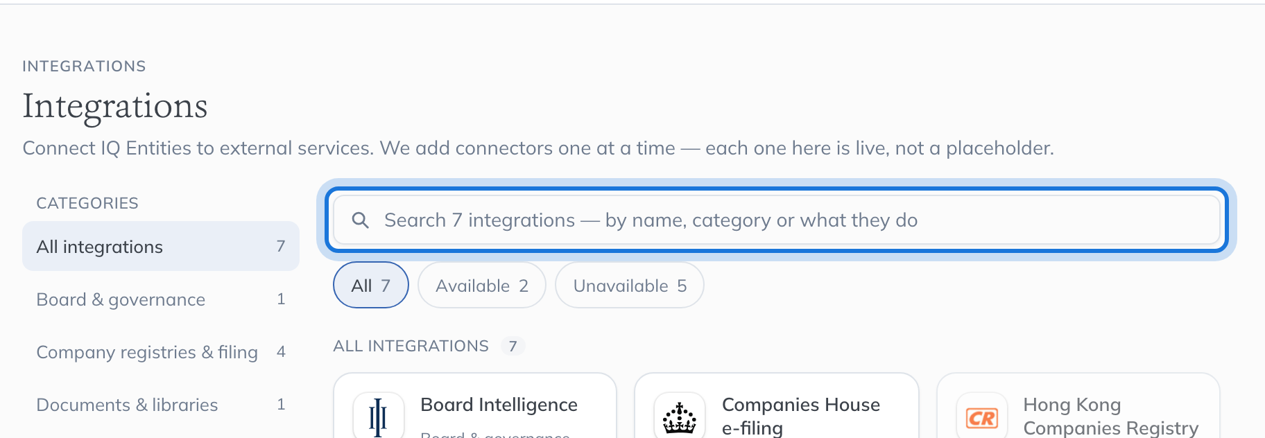 The Integrations catalogue: categories on the left, a search box and status filters above the tiles.
