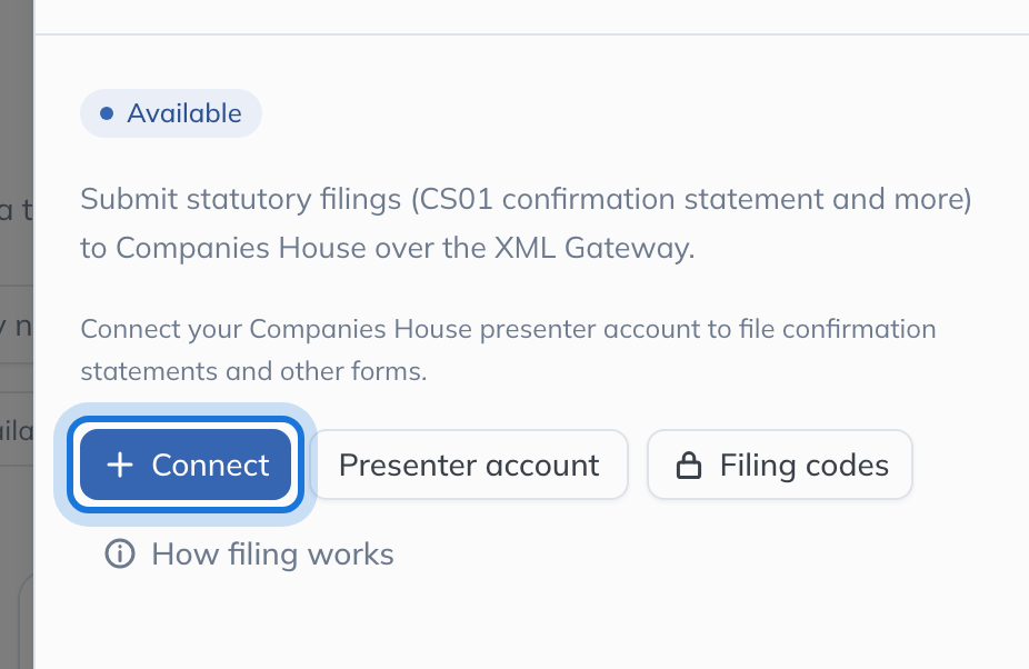 The Companies House e-filing panel: its status, what it does, and Connect with the connector's other actions beside it.
