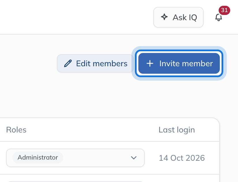 The Members page, with Invite member highlighted.