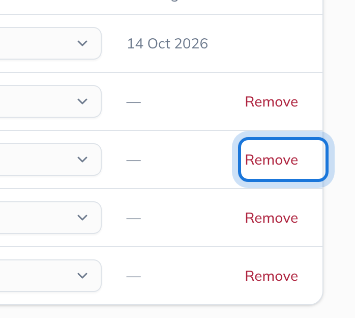 A member's row in edit mode, with Remove highlighted at the end of it.