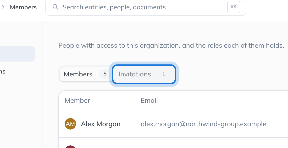 The Invitations tab on the Members page, counting one invitation.