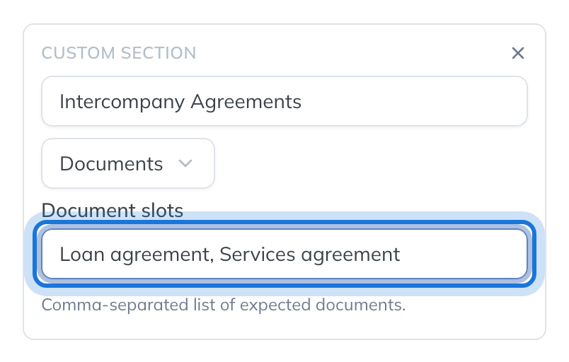 A custom section named Intercompany Agreements, of the Documents kind, with its expected documents listed.