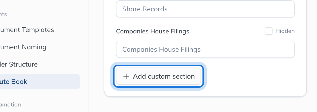 The bottom of the Sections list, with Add custom section highlighted.