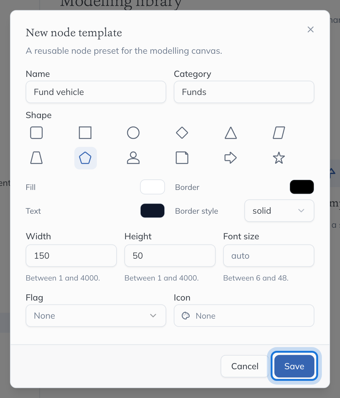 The New node template dialog with a name and category typed, a shape and colours chosen, and Save highlighted.