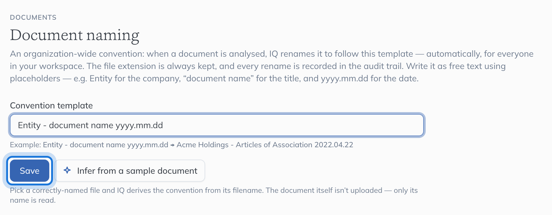 The Document naming page, with a convention typed into Convention template and Save highlighted.