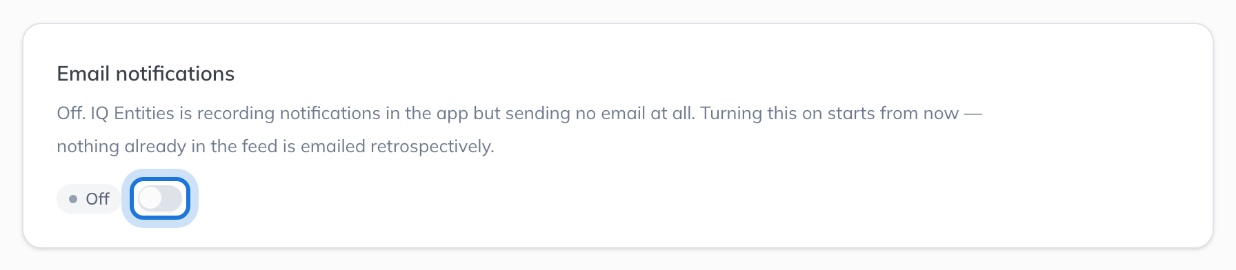 The Email notifications card, off, with its switch highlighted.